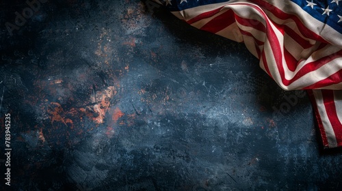 American flag on a grungy dark metallic background. Rustic patriotic concept.