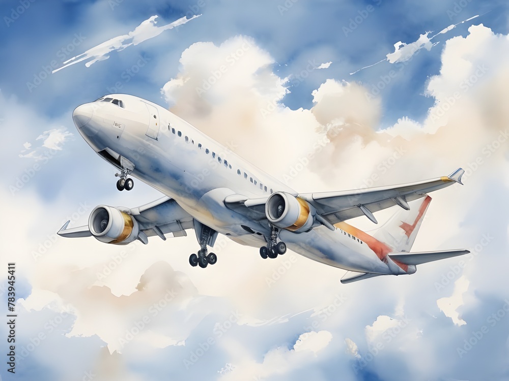 Fototapeta premium watercolor painting isolated airplane on sky