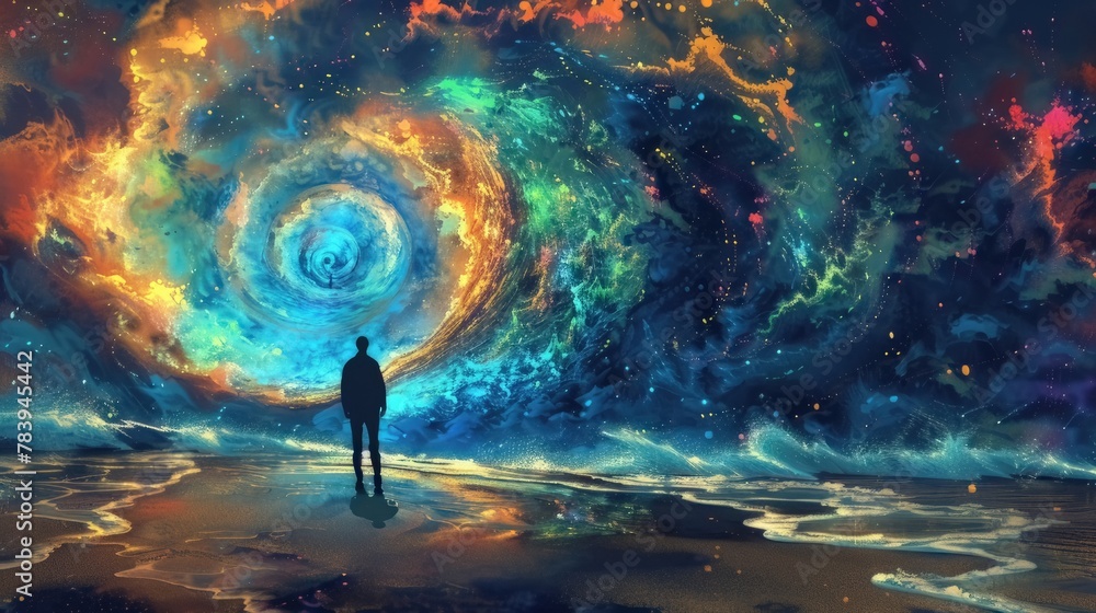 man walks into vortex, mystical soul journey  
