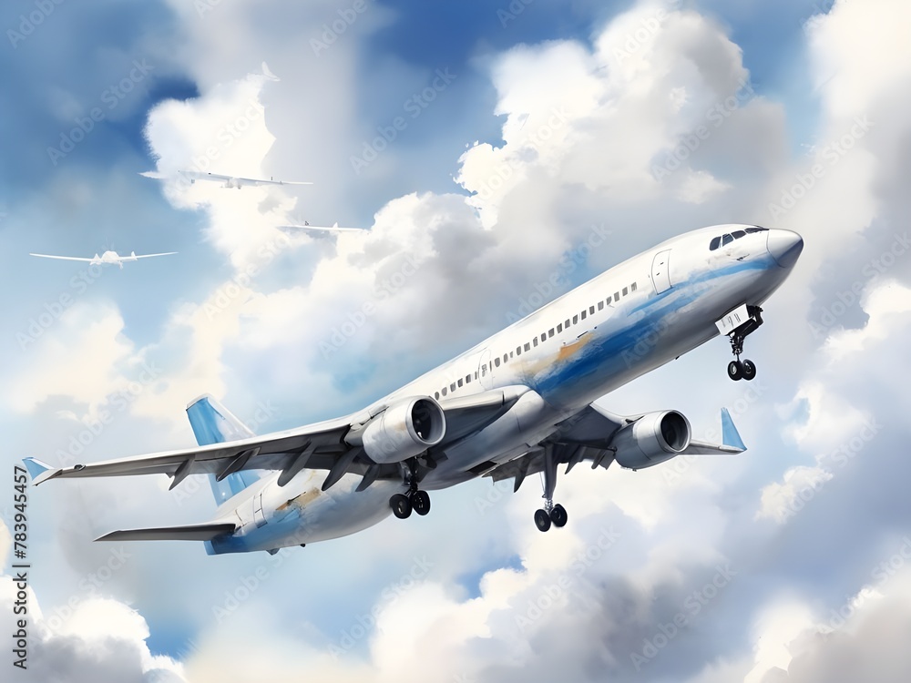 watercolor painting isolated airplane on sky watercolor painting isolated airplane on sky