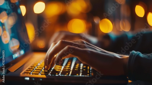Person typing on a laptop keyboard with ambient warm lighting. Close-up technology and communication concept.