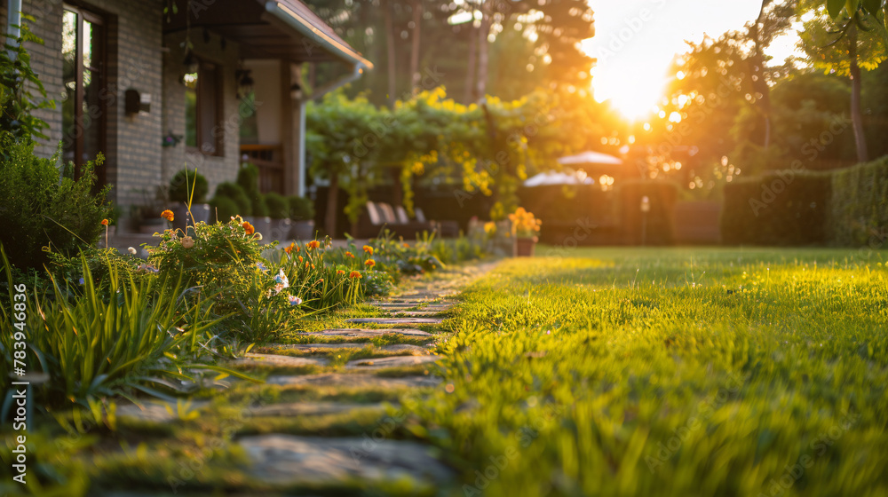 Fototapeta premium Tranquil garden scene from above featuring winding path and leafy trees
