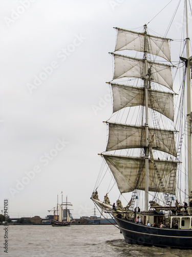 The front masts of a Majestic  tall ship  sailing down the River Thames in the Greater London  UK