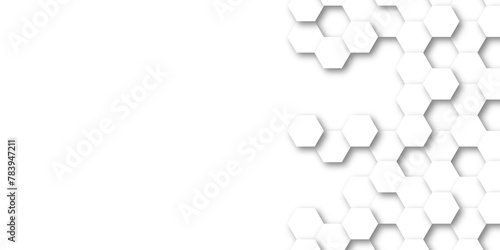 Abstract 3d background with hexagons backdrop background. A white marble wall with hexagon tiles for texture. honeycomb white Background ,light and shadow. Top view. Abstract background.