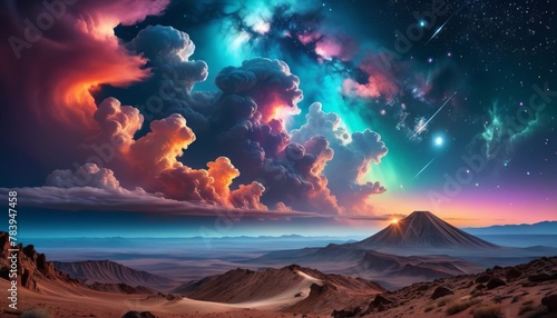 An imaginative scene depicting a vibrant nightscape over a desert with vividly colored clouds and celestial events, creating a dreamlike atmosphere.. AI Generation photo