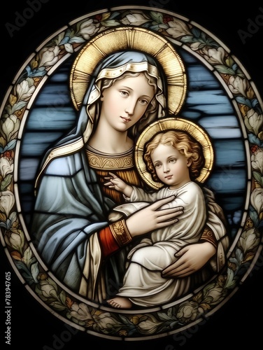 Virgin Mary, the mother of Jesus, depicted in stained glass. 