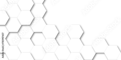 Abstract 3d background with hexagons backdrop background. A white marble wall with hexagon tiles for texture. honeycomb white Background  light and shadow. Top view. Abstract background.