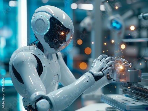 In an advanced robotics lab, engineers program humanoid robots, showcasing futuristic and cutting edge technology