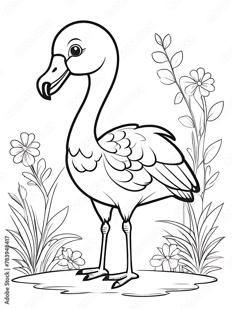 Fototapeta premium Flamingo coloring page cartoon children coloring drawing without colors all white background, ai generated 