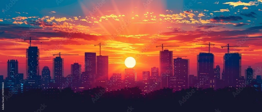 A bustling construction scene with workers in safety gear, cranes hoisting materials for a new high rise, dynamic and industrial A bustling construction scene with workers in safety gear, cranes hoisting materials for a new high rise, dynamic and industrial