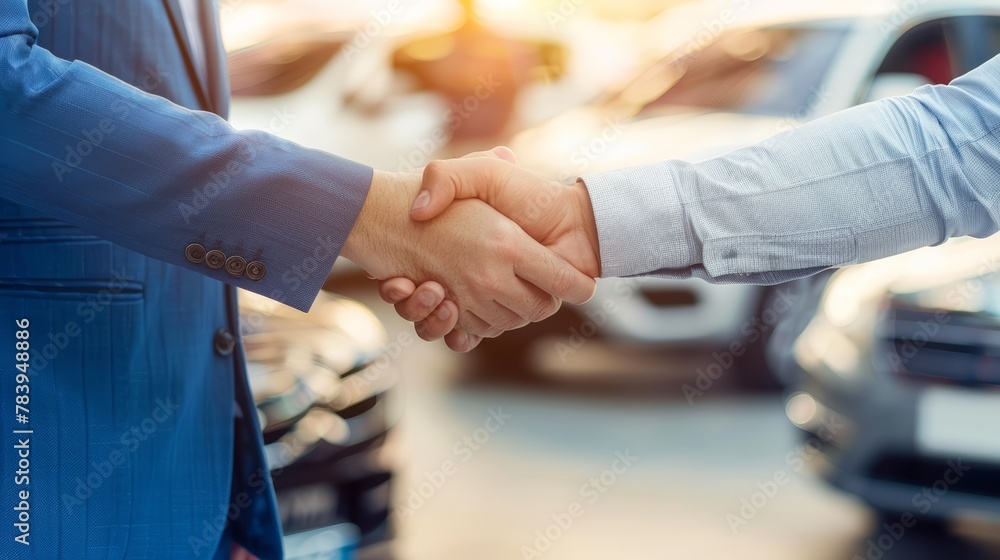 Close-up of two businessmen shaking hands at car dealership