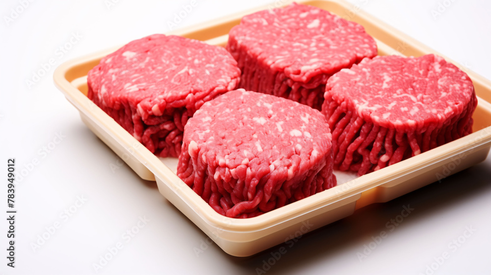 Tray with raw beed burgers isolated on white Tray with raw beed burgers isolated on white