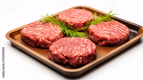 Tray with raw beed burgers isolated on white