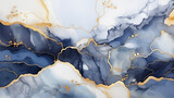 Abstract Blue and White Marble Painting With Gold Accents