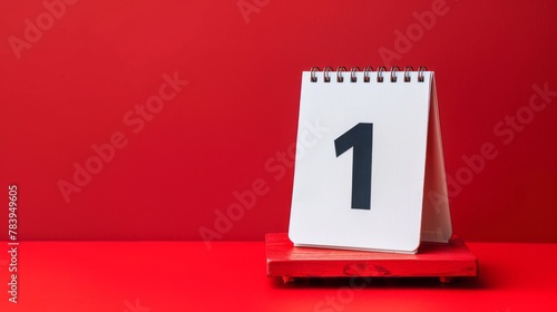 Desk calendar page showing number 1 with red wooden holder. Studio shot on red background.