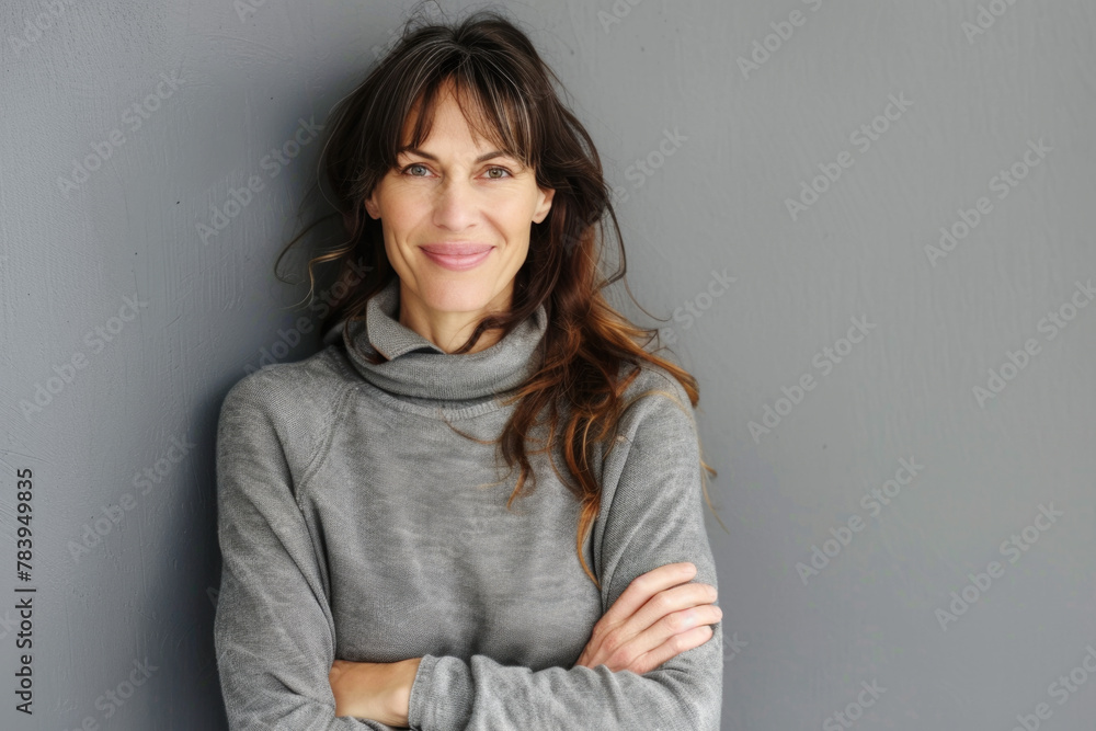 Portrait of a smiling confident woman in her forties, with crossed arms in front of a grey wall background Portrait of a smiling confident woman in her forties, with crossed arms in front of a grey wall background