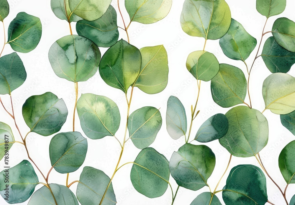 Delicate eucalyptus leaves come to life in an artistic watercolor illustration, evoking a serene and natural aesthetic with their subtle shades of green. - obrazy, fototapety, plakaty 