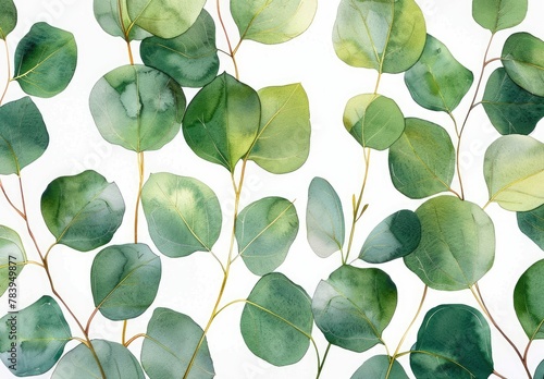 Delicate eucalyptus leaves come to life in an artistic watercolor illustration, evoking a serene and natural aesthetic with their subtle shades of green.
