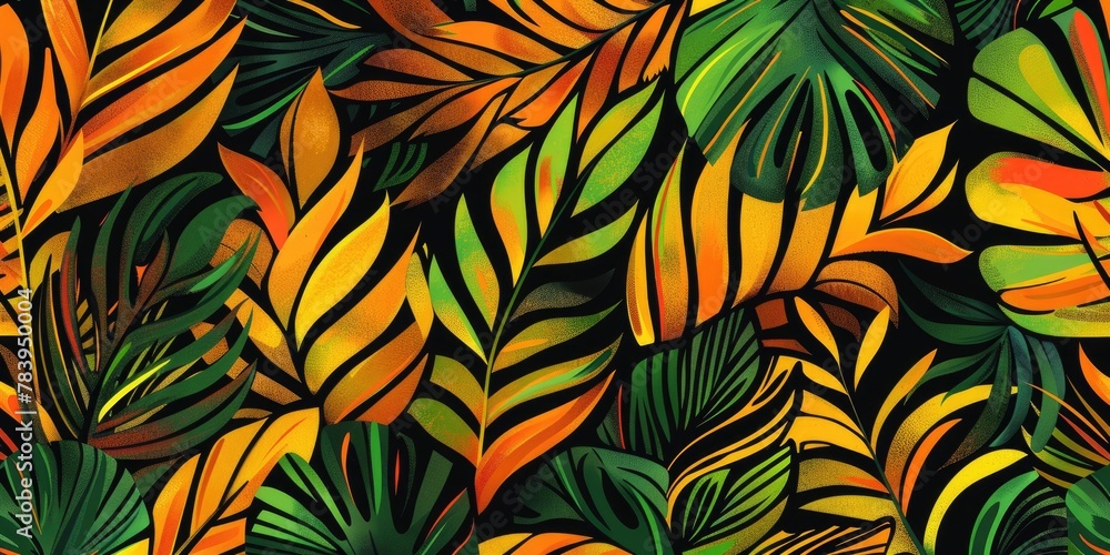 A dense tropical leaf pattern with a vibrant play of autumn tones ranging from deep greens to fiery oranges and yellows. A dense tropical leaf pattern with a vibrant play of autumn tones ranging from deep greens to fiery oranges and yellows.