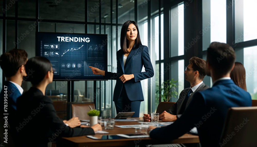 Fototapeta premium successful businesswoman leading a discussion on trending products in a corporate office