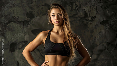 female bodybuilder posing on cool background, young muscular woman posing, cool bodybuilder is posing, young muscular athlete woman