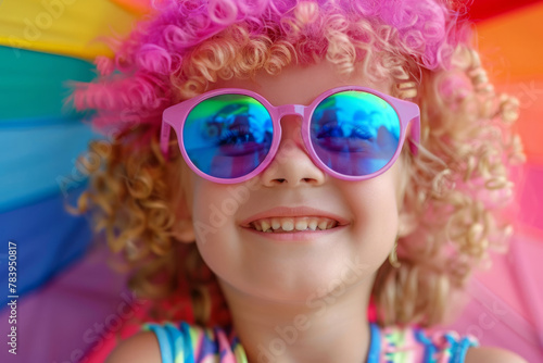 A cheerful young child with curly hair is posing with a big smile  wearing vibrant pink sunglasses that reflect the blue sky  set against a backdrop of bright