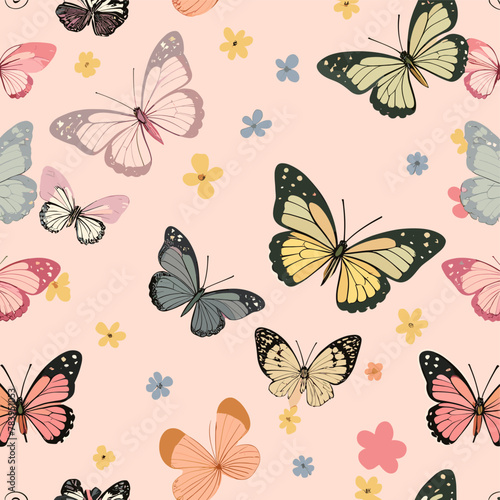 Seamless pattern with small  colorful butterflies and daisies on a light pink background