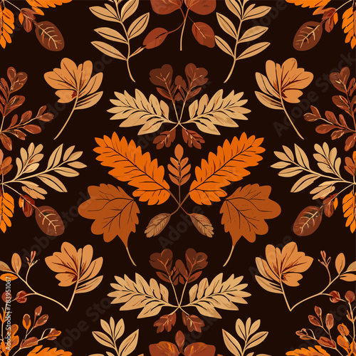 Seamless pattern with small, autumnal oak leaves, acorns, and flowers on a brown background