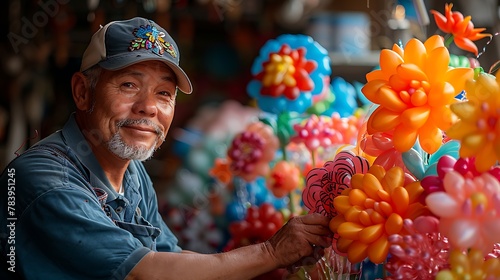 A balloon artist creates intricate sculptures from colorful balloons, their hands moving deftly as they fashion animals, flowers, and fantastical creatures that delight onlookers young and old.