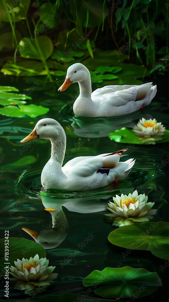 Two white ducks peacefully swim on the calm surface of a body of water. Two white ducks peacefully swim on the calm surface of a body of water.