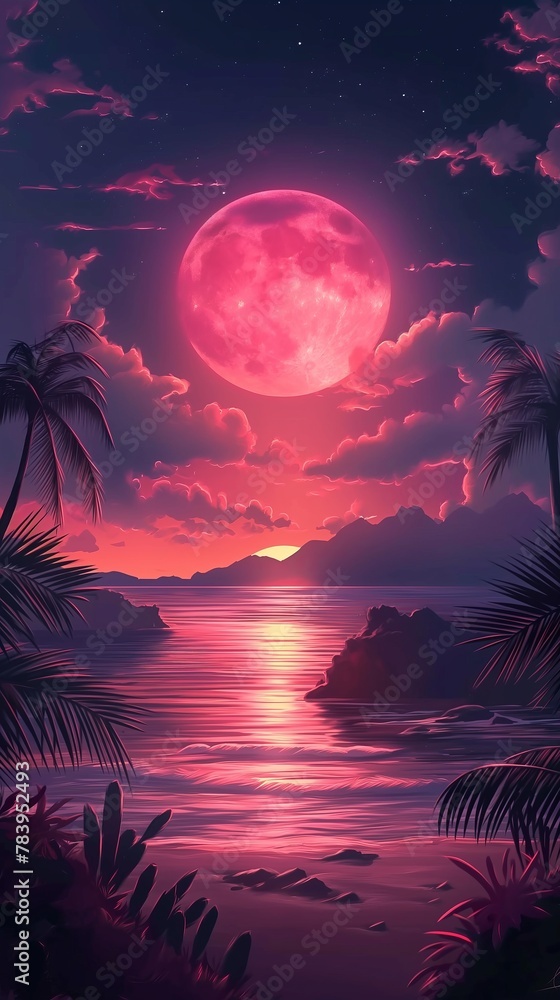 A painting showing a vibrant sunset with silhouetted palm trees and a full moon in the sky.