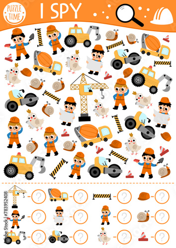 Construction site I spy game for kids. Searching and counting activity with builders, special technics. Building works printable worksheet for preschool children. Simple repair service spotting puzzle © Lexi Claus
