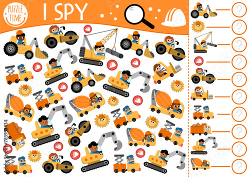 Construction site I spy game for preschool kids. Searching and counting activity with special technics, drivers. Building works printable worksheet for children. Simple repair service spotting puzzle. © Lexi Claus