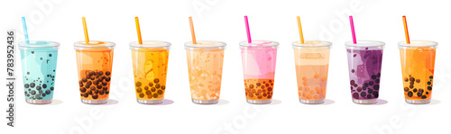 Set of fresh boba bubble milk tea, splashing in glass with tapioca pearls, vector illustration design