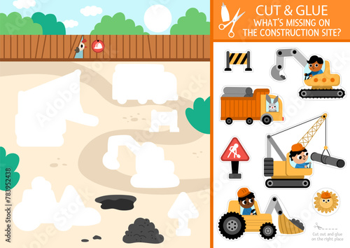 Vector construction site cut and glue activity. Crafting game with cute building works landscape. Fun printable worksheet for children. Find the right piece of the puzzle. Complete the picture. © Lexi Claus
