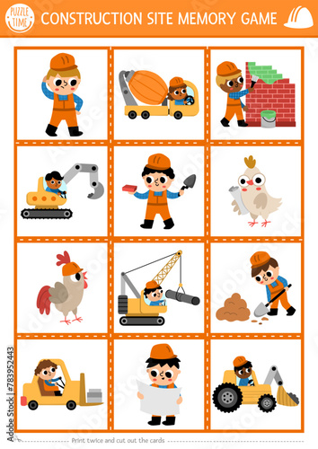 Vector construction site memory game cards with cute repair service workers. Building works matching activity. Remember and find correct card. Simple printable worksheet with builders. © Lexi Claus
