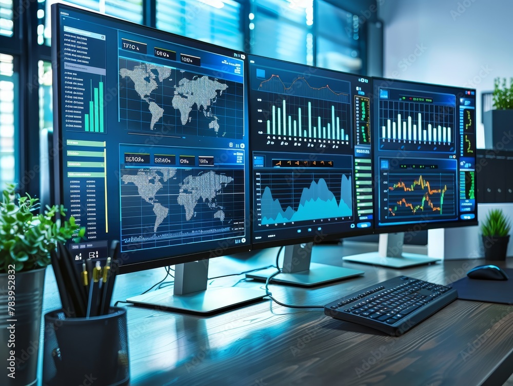 Fototapeta premium High tech workspace with multiple screens displaying data analytics, focused individuals analyzing trends, modern office environment