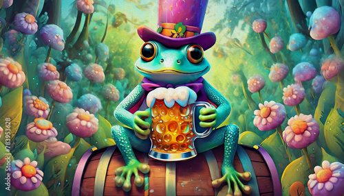 OIL PAINTING STYLE CARTOON CHARACTER multicolored a frog with a top hat sits on a barrel and drinks beer,
