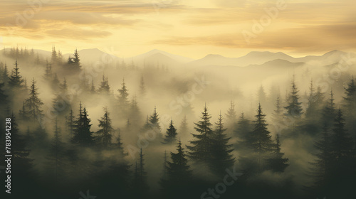 Foggy forest in the mountains at dawn and hills retro color landscape. Phone wallpaper background, for stories, media, social sample, banner.