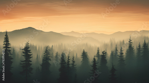 Foggy forest in the mountains at dawn and hills retro color landscape. Phone wallpaper background  for stories  media  social sample  banner.
