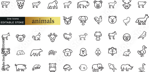 Farm and hunting animals, thin line icon set. Symbol collection in transparent background. Editable vector stroke