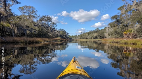 Serene river kayaking, paddling individuals, water reflects trees, peaceful and active