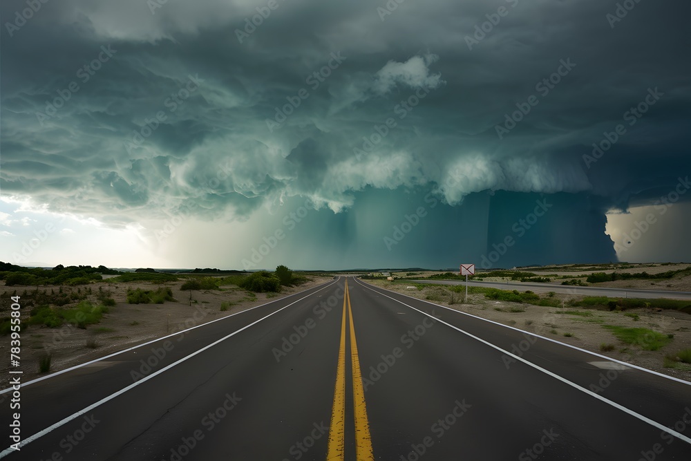 Dramatic storm clouds loom ominously over the empty highway Dramatic storm clouds loom ominously over the empty highway