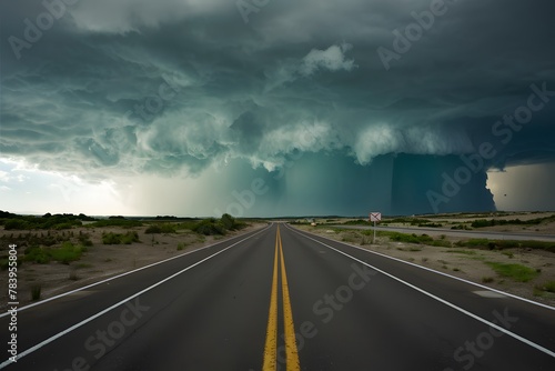 Dramatic storm clouds loom ominously over the empty highway