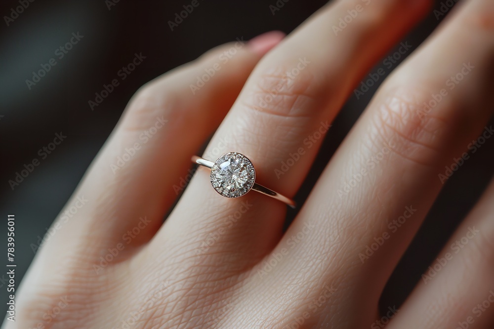 A beautiful diamond engagement ring in closeup on a woman's finger. The idea of love and marriage. On a dark background, a young lady's hand has a diamond ring, Generative AI.