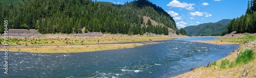 Panorama of the Middle Fork Willamette River flowing between the mountains in the Willamette National Forest, Oregon, USA