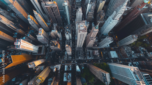 An aerial image capturing tight urban canyons formed by towering skyscrapers and busy streets