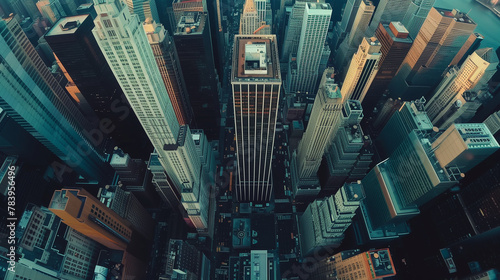 This vibrant aerial shot captures the dense architecture of New York City with towering skyscrapers photo