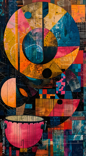 a colorful painting with circles and squares on a black background