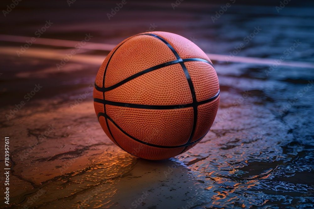 Glowing basketball ball on wet floor and 3D court, close up Glowing basketball ball on wet floor and 3D court, close up